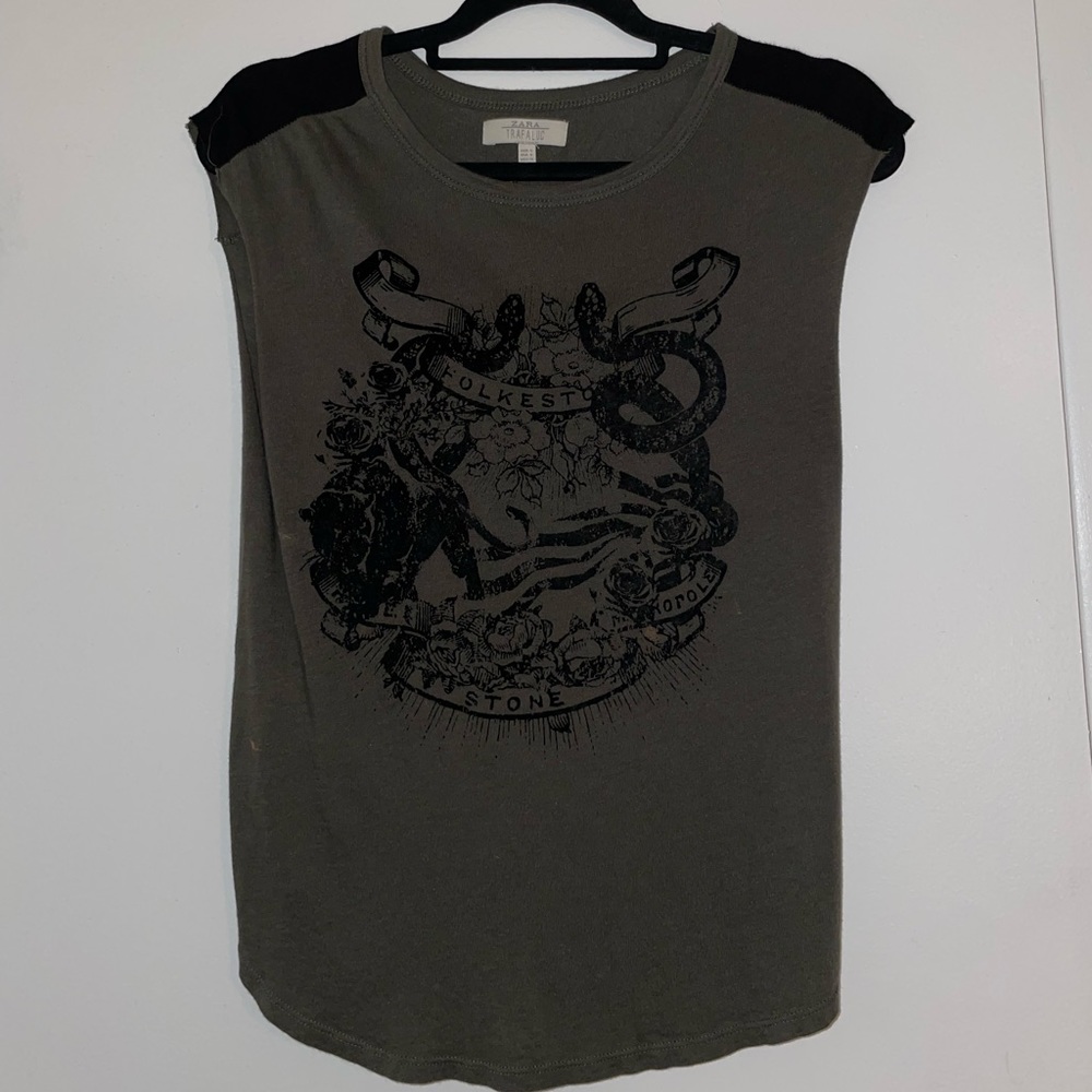 Distressed graphic dark green top